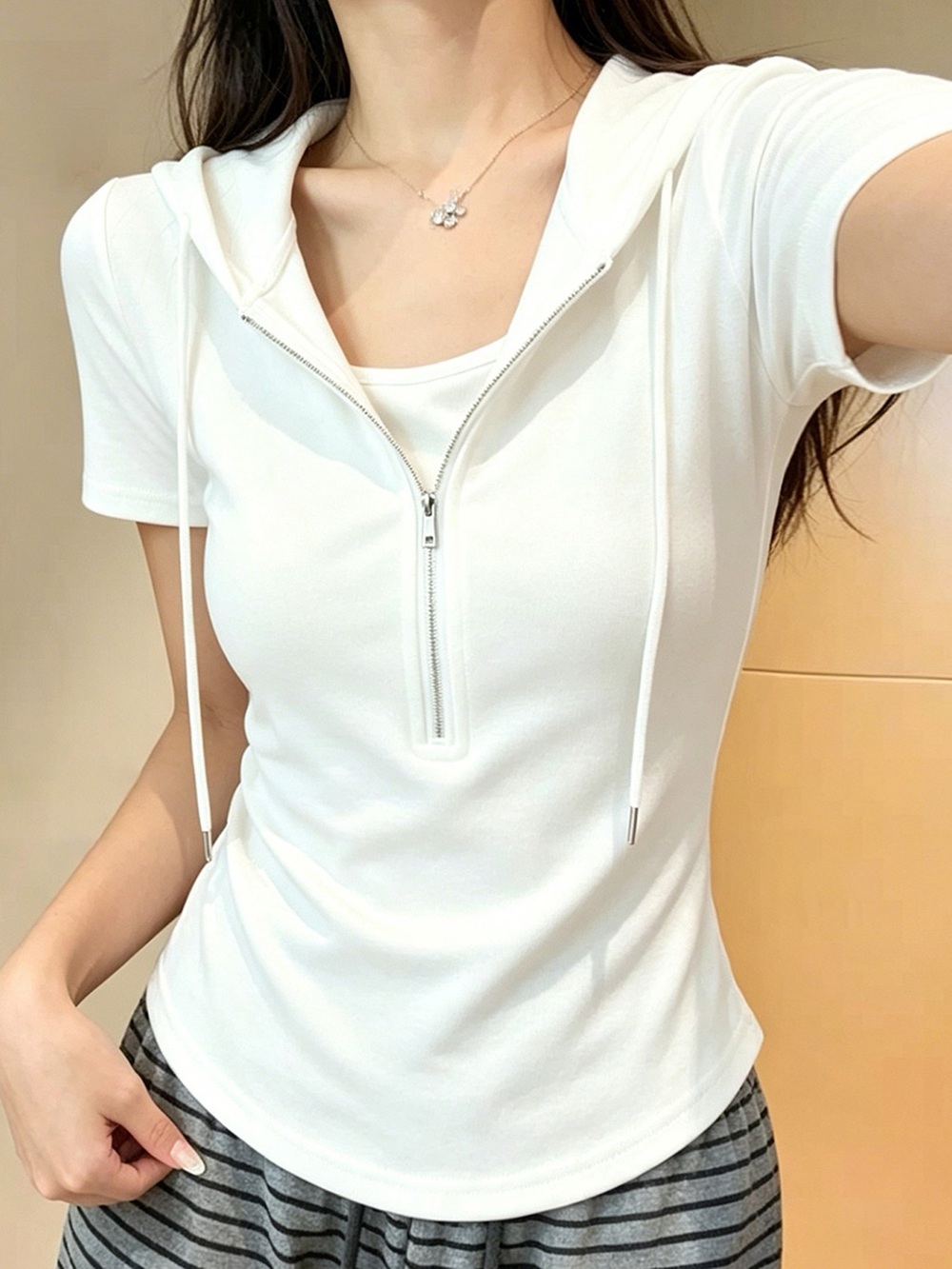 Slim-Fit Half Zip Short Sleeve Hooded Top